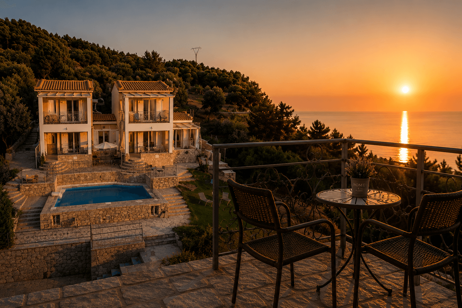Sunset terrace at Sun And Stone with Ionian Sea views
