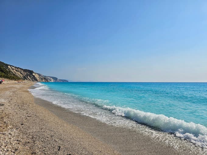 Gialos Beach in Lefkada with blue Ionian water and a long coastline